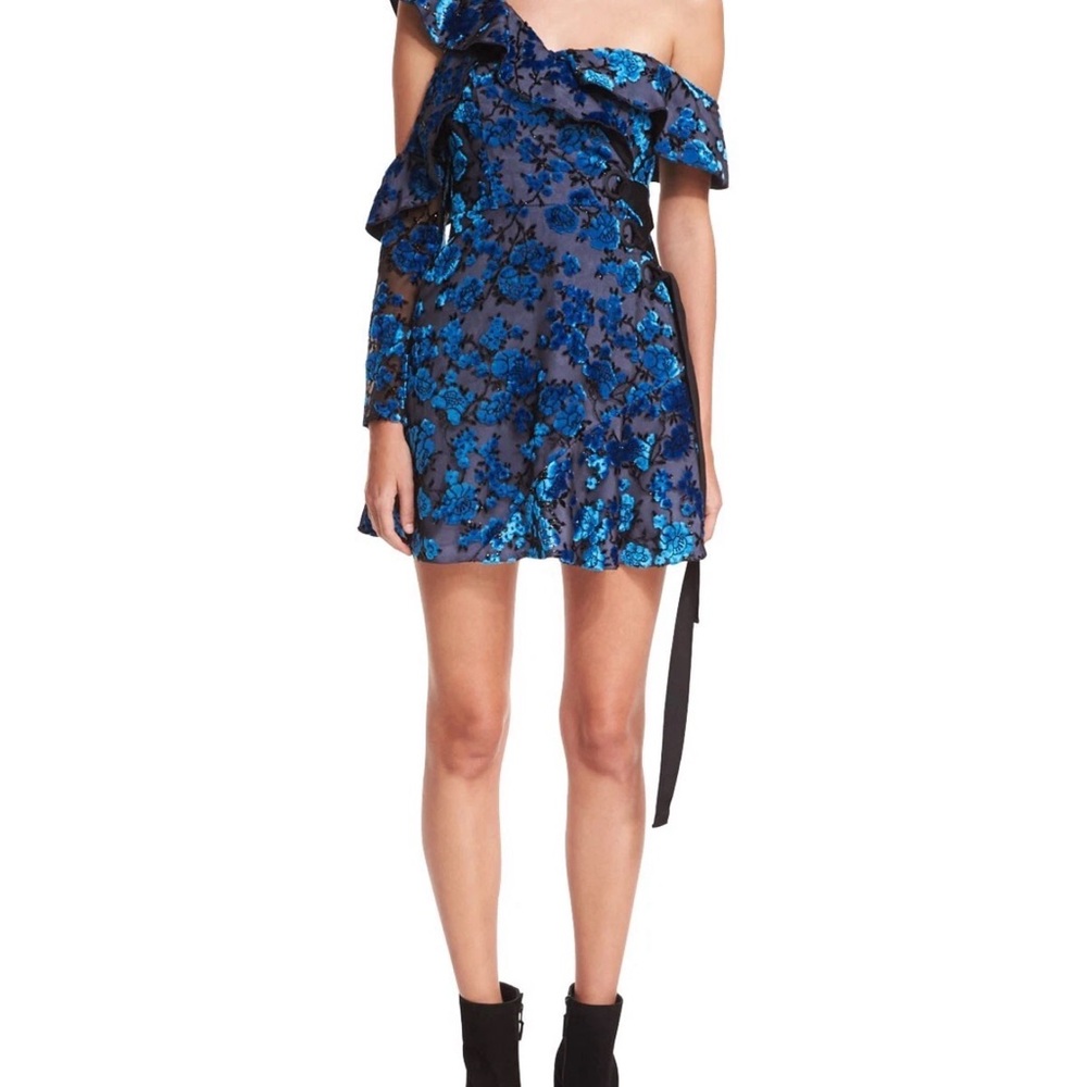 Self-Portrait One Shoulder Velvet Devoré Mini Dress Blue NWT Size 0 - Picture 17 of 17